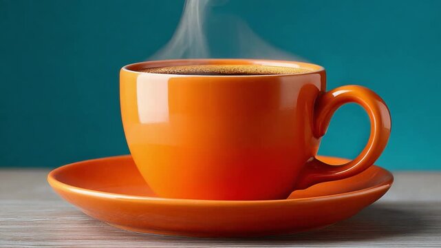 Aromatic Brew: A vibrant orange cup of steaming coffee sits invitingly, a warm beacon against a contrasting backdrop. Capturing the essence of a comforting moment and delightful aromas.