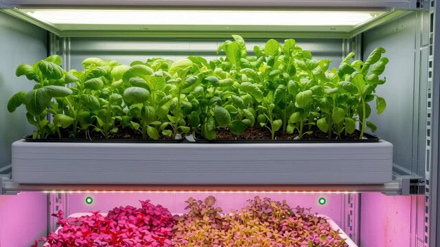 Indoor hydroponic farm vertical garden LED light basil microgreen seedling tray leafy green urban agriculture controlled environment controlled