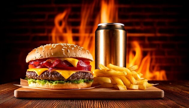 Bacon Cheeseburger, French Fries, and Soda Can against Dramatic Fire Flames Background
