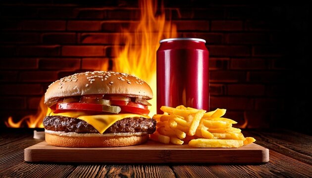 Bacon Cheeseburger, French Fries, and Soda Can against Dramatic Fire Flames Background