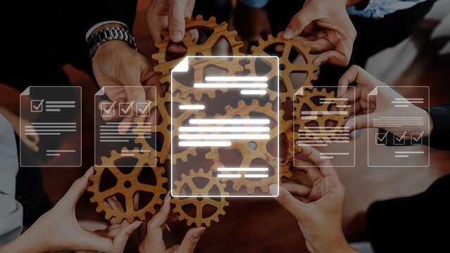A diverse group of hands reflects collaboration in a professional setting, symbolizing teamwork through gears and documents, signifying efficiency and productivity. Raster