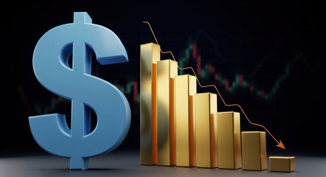 Dramatic Economic Downturn Dollar Symbol Beside Falling Gold Bars Illustrating Financial Crisis and Market Decline on a Dark Background with a Descending Arrow