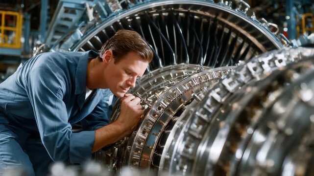 Mechanical Precision: A skilled technician, meticulously examines the intricate inner workings of a large, complex machine, embodying expertise and precision.