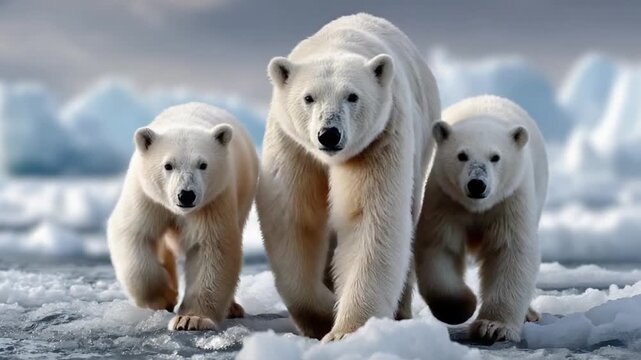 Polar Bear Family Stroll: A majestic polar bear leads its two cubs across a frozen expanse, embodying the strength and vulnerability of life in the arctic.