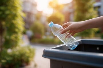 A hand places a plastic water bottle into a recycling bin. The background features greenery and urban buildings, highlighting environmental awareness.