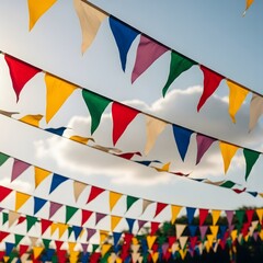 Fototapeta premium Brightly colored pennant carnival flags blowing in the wind against blue sky during outdoor street festival
