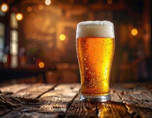 Golden Beer in Pint Glass on Wooden Table with Bokeh Lights