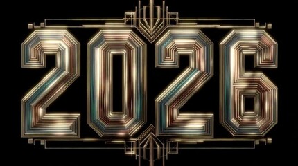 Luxurious golden 2026 numbers in a glamorous Art Deco style, celebrating the New Year with a vintage roaring twenties party theme