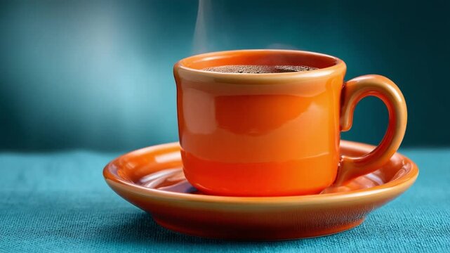 Aromatic Morning Brew: A vibrant orange mug brimming with freshly brewed coffee, steaming gently, resting on a matching saucer, against a subtle teal backdrop.