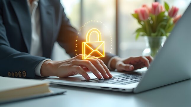 Digital security concept Person using laptop with glowing lock and email icon symbolizing secure online communication and data protection