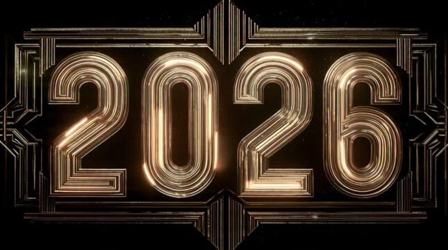 Elegant Art Deco design for the year 2026 with glamorous golden metallic text on a dark background. Vintage 1920s style for a New Year's Eve celebration
