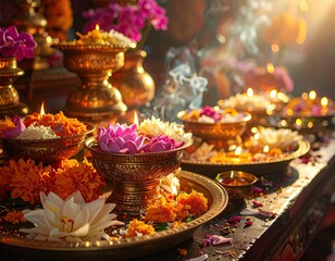 Golden Bowls with Lit Candles and Flowers
