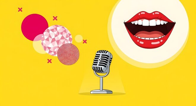 A retro microphone with speech bubble and abstract shapes on yellow background, representing podcasting, voice acting, or singing