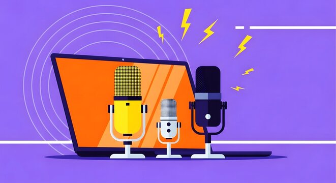Illustration of podcasting equipment with laptop and microphones, concept for audio recording, broadcasting, or online radio show