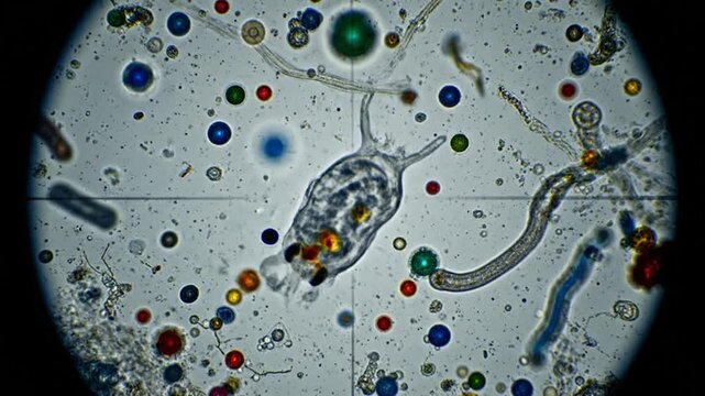 Microscopic view revealing various cellular structures, including a rotifer and colored spheres