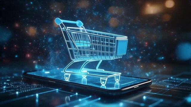 E-commerce Innovation - Shopping Cart on Smartphone with Digital Effects.