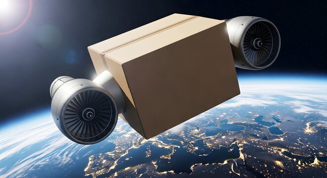 Conceptual image of a cardboard box with jet engines flying over planet earth, representing fast global delivery and shipping service - Powered by Adobe