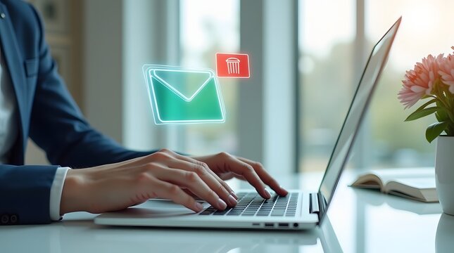 Professional hands typing on a laptop, with floating email and trash icons, illustrating efficient digital communication, online workflow, and secure message management in a modern office setting