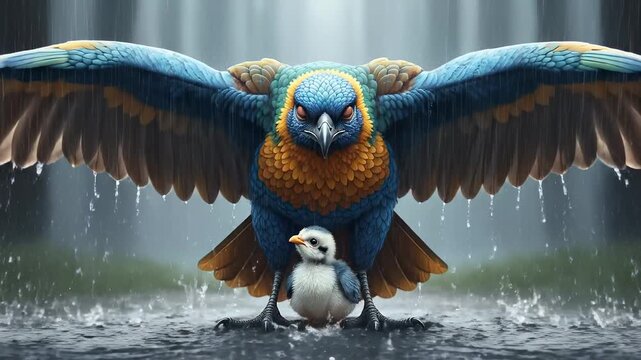 A majestic fantasy bird protects a baby penguin from the rain with its wings. Animated guardian creature sheltering a small animal in a magical forest. Protection and care concept