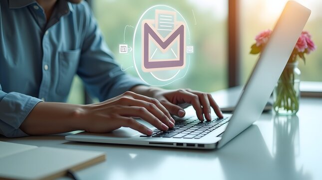 Hands typing on a laptop with a glowing email icon symbolizing digital communication and online messaging services