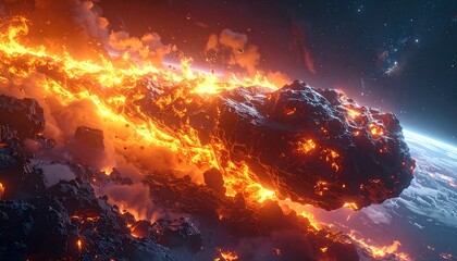 A colossal asteroid, wreathed in fiery destruction, hurtles towards a planet. Explosions illuminate the scene with earth below