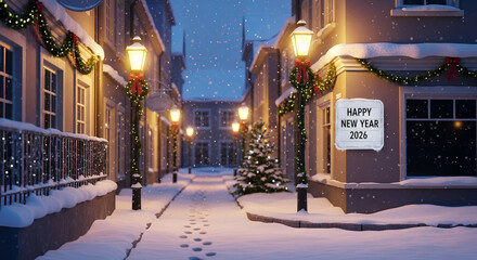 Fototapeta premium Snowy street decorated with warm Christmas lights at night.