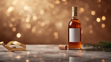 A stylish crafted bottle highlights a cheerful celebration table illuminated by dreamy bokeh lights over golden background product display mockup template wallpaper background