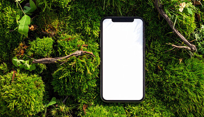 blank white mobile phone screen mock up in grass with copy space for your text;