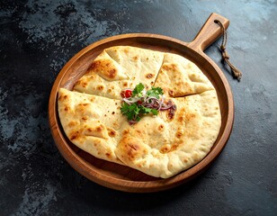 Golden Brown Flatbread with Herbs on Wooden Board