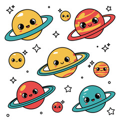 Cute Kawaii Planets Vector Set – Adorable Space Universe Illustration