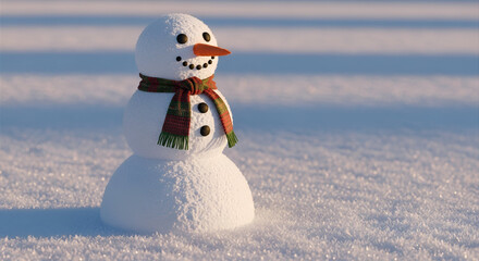 Obraz premium Snowman on snowy field under bright sky.
