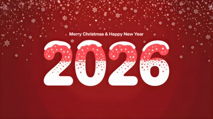 Creative 2026 Happy New Year and Merry Christmas greeting card design with snow-covered numbers on a festive red background with snowflakes