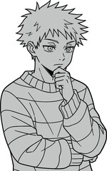 Anime boy with spiky hair in striped sweater, black and white line art, thoughtful pose, expressive face, manga style drawing for coloring book
