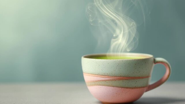 cup of matcha tea with steam rising, pastel ceramics, soft natural light, stock composition