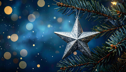 Silver star on a christmas tree branch; festive, background, texture,