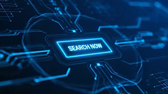 Glowing "SEARCH NOW" button on a digital circuit board background, blue and techy