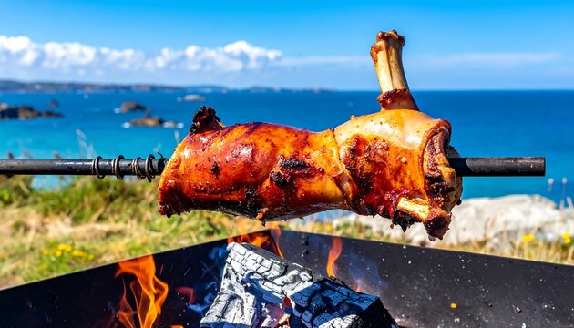 A roasted joint of meat, browning on a skewer over a fiery open-air grill, with a scenic coastal backdrop