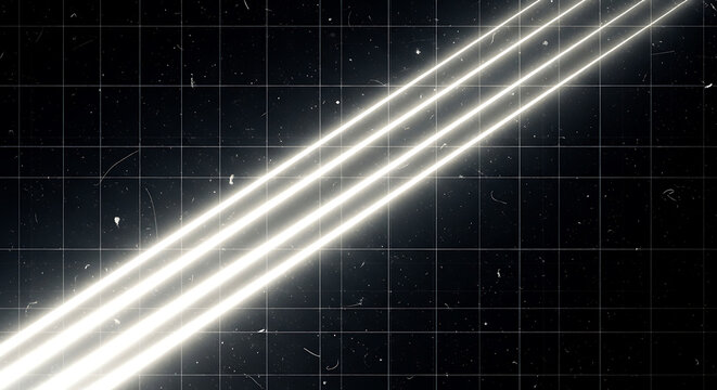 Three bright white glowing lines diagonally across a dark grid with film grain light