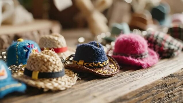 national hat day colorful handmade miniature keychains on wood