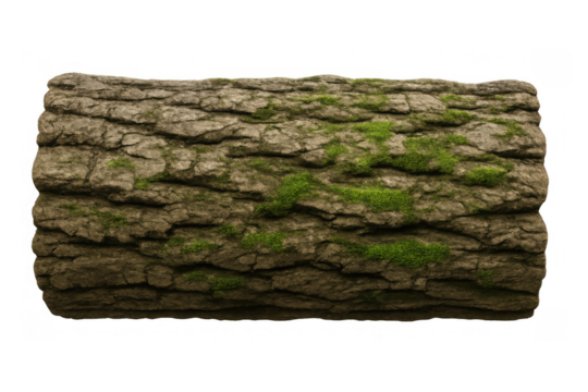 Tree trunk log with textured bark and green moss on transparent background, showing natural forest elements