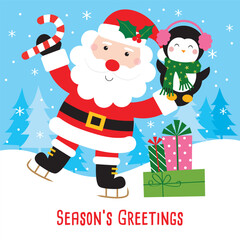 santa claus and cute penguin greeting card design