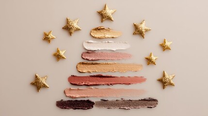 A Christmas tree made of gold and silver paint strokes on a beige background, surrounded by golden stars.