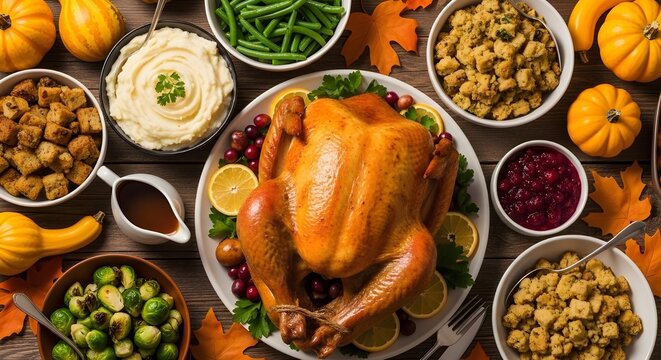Overhead view of a delicious thanksgiving dinner spread with a roasted turkey and various side dishes