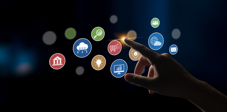 Set of business and digital service icons representing finance, cloud, analytics, email, communication, ecommerce, cybersecurity, and global connectivity in a modern ecosystem Latch