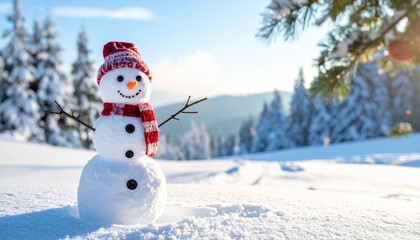 Smiling snowman wearing a warm red scarf and hat standing on a snowy field, with mountains and pine trees illuminated by soft daylight.
