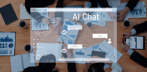 A diverse business team engages in a collaborative meeting focused on an AI chat project, surrounded by data visualizations and analytics on the table. Trope