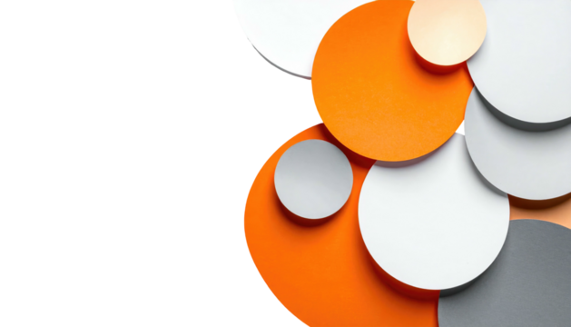 Geometric arrangement Orange, white, and grey circles overlap on a soft peachy backdrop with black space to the left - Powered by Adobe
