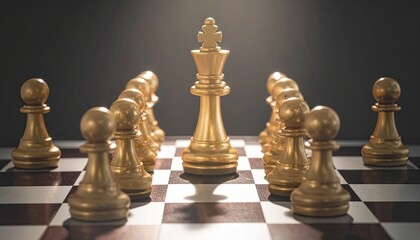 Gold Chess Pieces on Chessboard with Dark Background Leading to King Strategy and Competition Success Concept in Dramatic Lighting