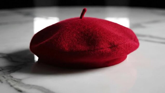 national hat day red beret fashion accessory on white marble table