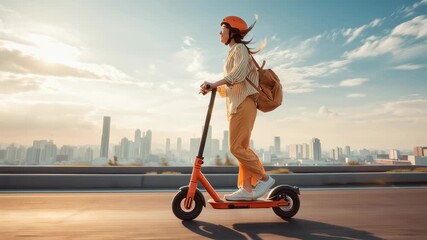 eco transport, young woman riding electric scooter in city, daylight stock photo